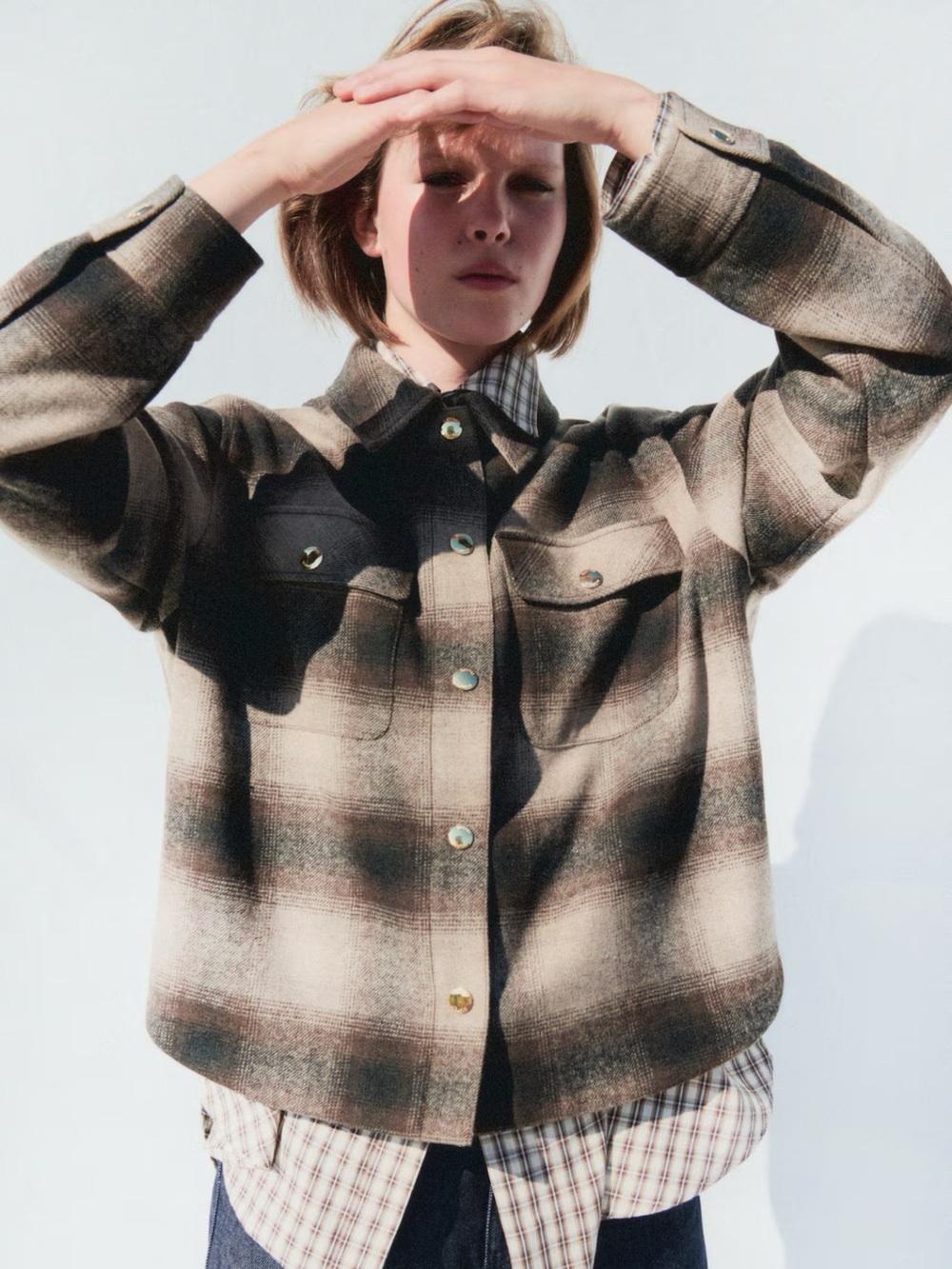 Plaid Shacket Jacket in Brown and Cream - Picture 2 of 6